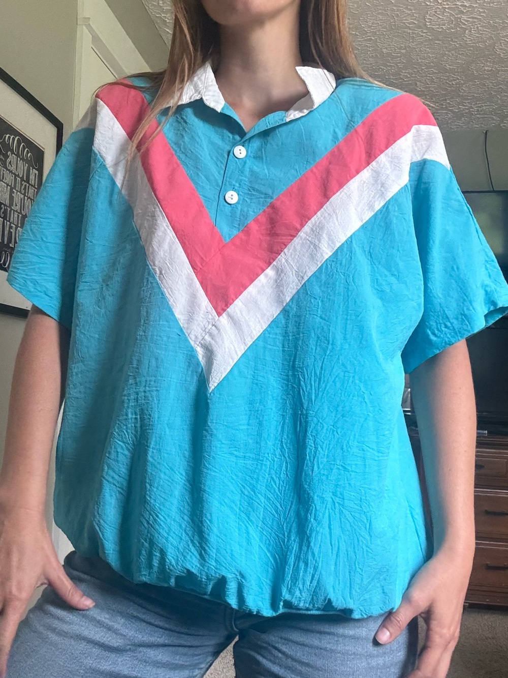 Vintage Turquoise Polo with Pink and White Chevron